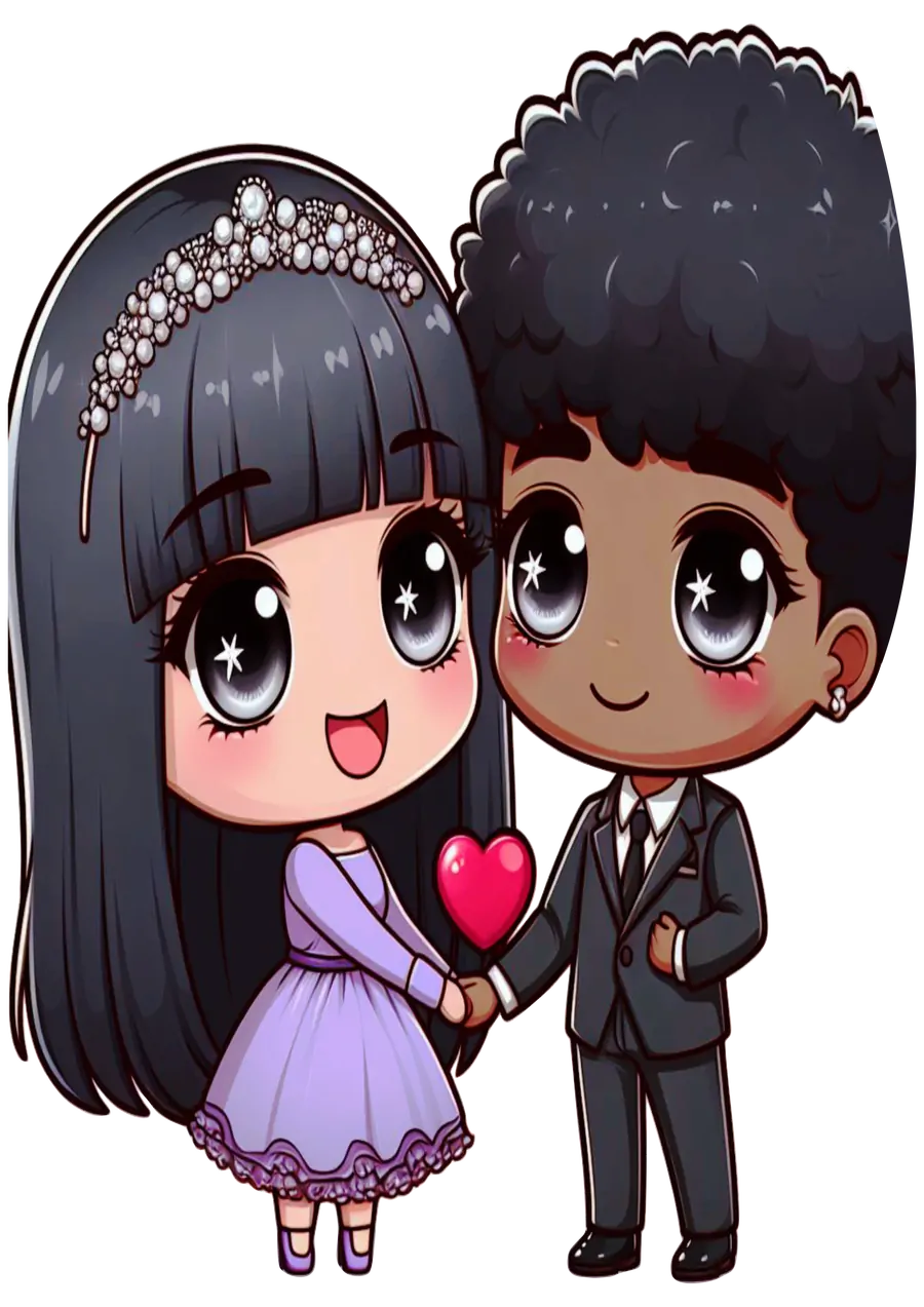 Casal Chibi Noivos com Coração PNG transparente