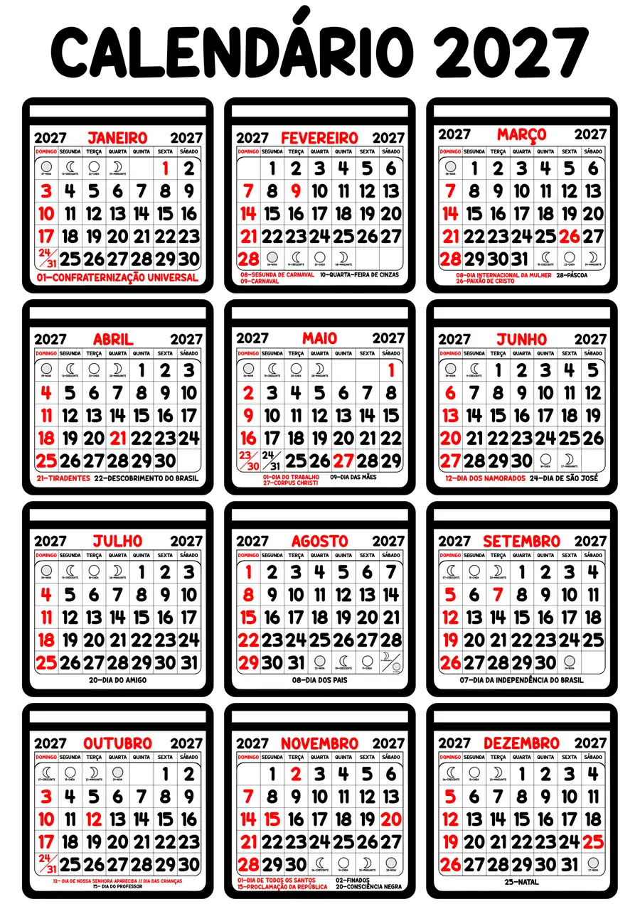 Calendário Completo de 2027 PNG transparente