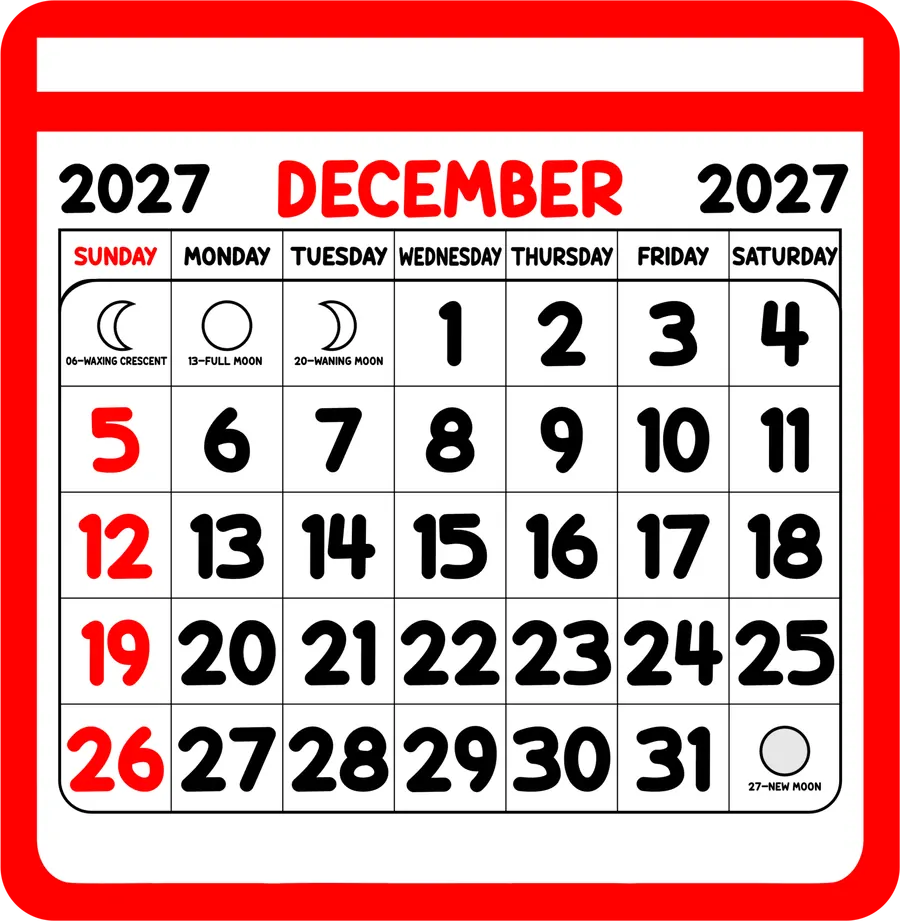 Calendário de Dezembro 2027 Vermelho PNG transparente
