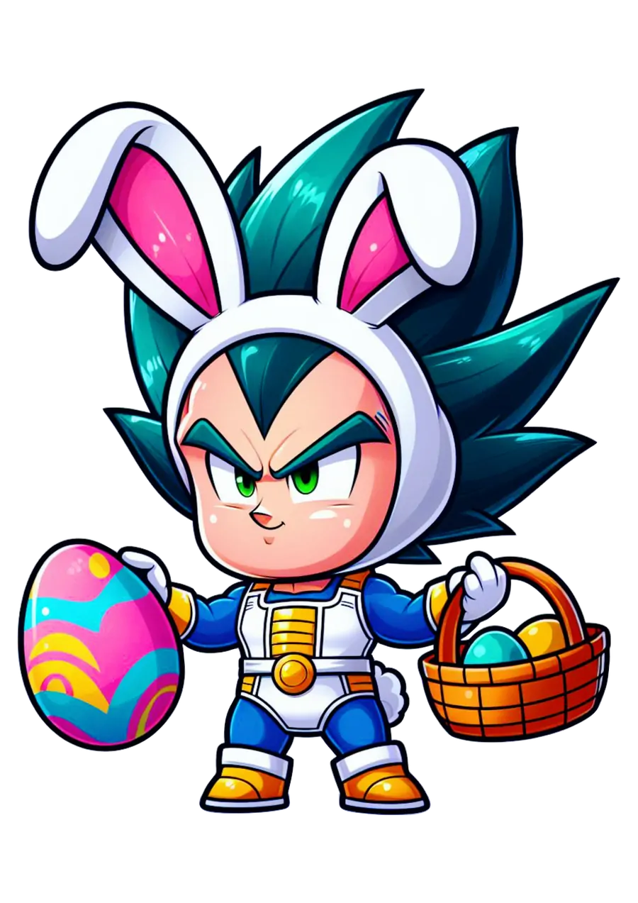 Vegeta Criança com Orelhas de Coelhinho e Cesta de Páscoa PNG transparente
