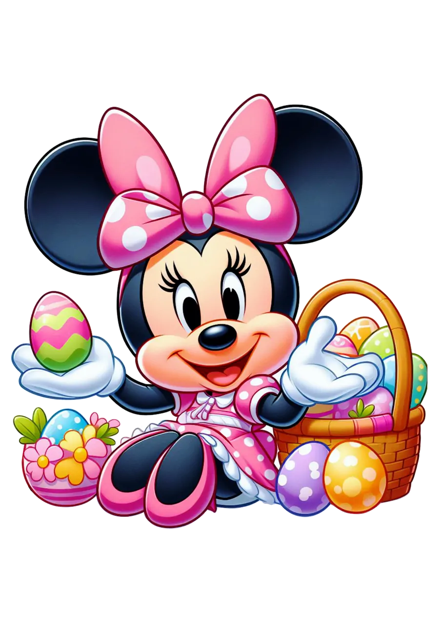 Minnie Mouse com Ovos de Páscoa e Cesta PNG transparente
