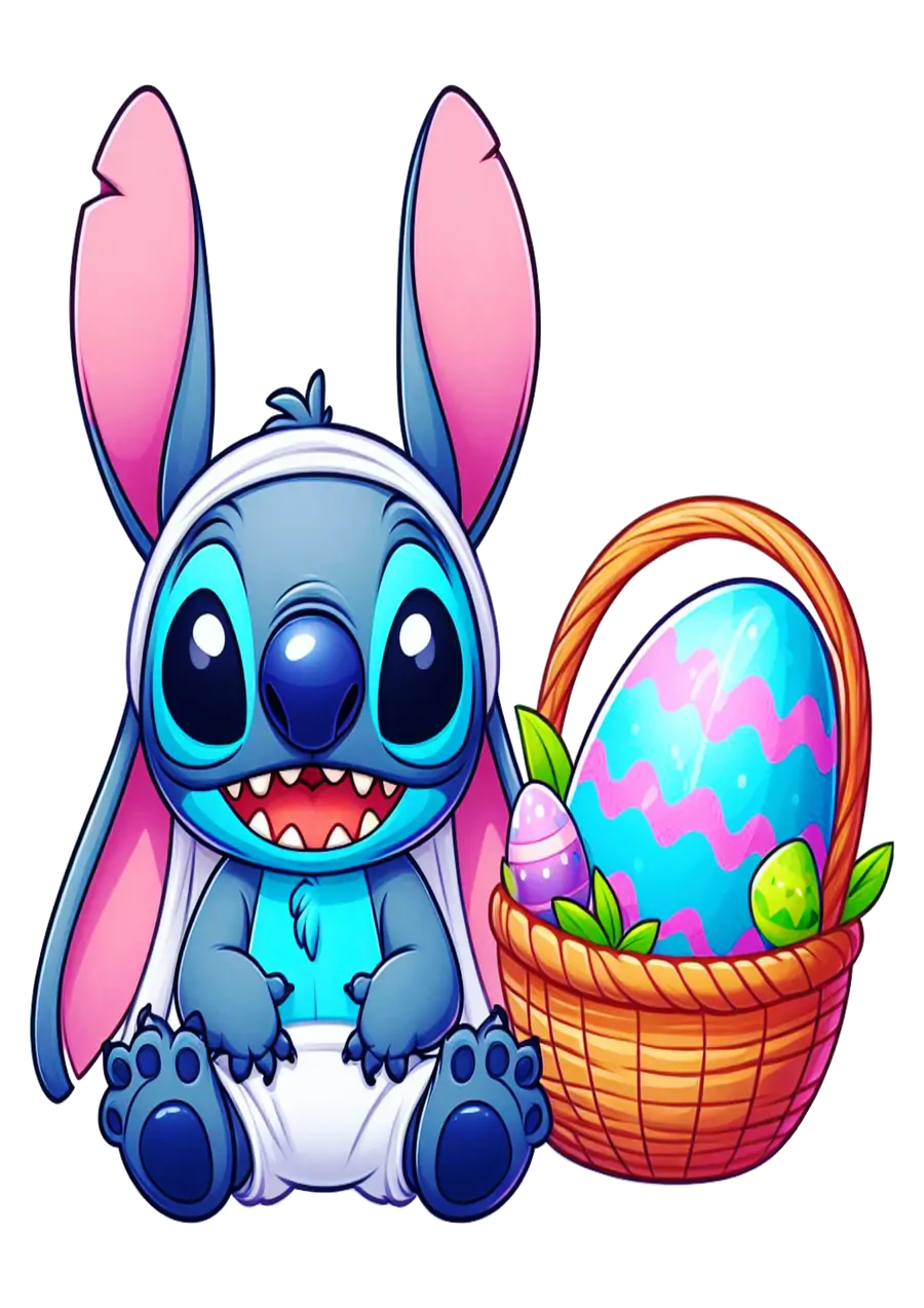 Stitch Bebê com Cesta de Páscoa Gigante PNG transparente