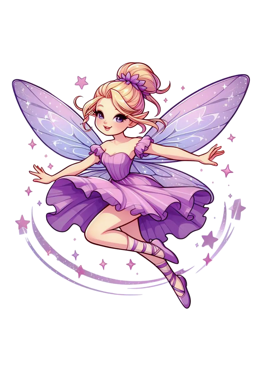 Fadinha Bailarina Voando entre Estrelas PNG transparente
