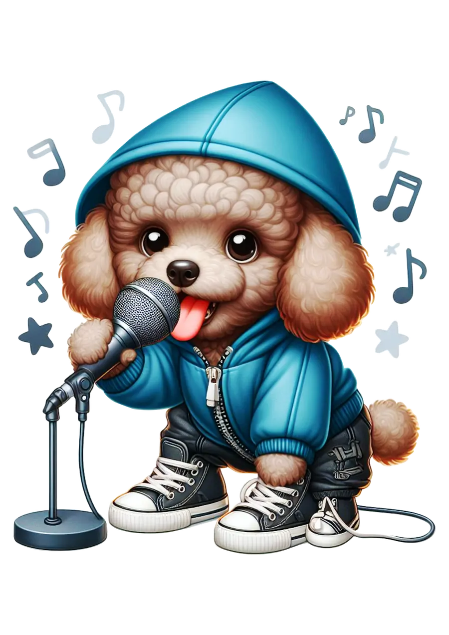 Poodle Rapper Cantando com Microfone PNG transparente