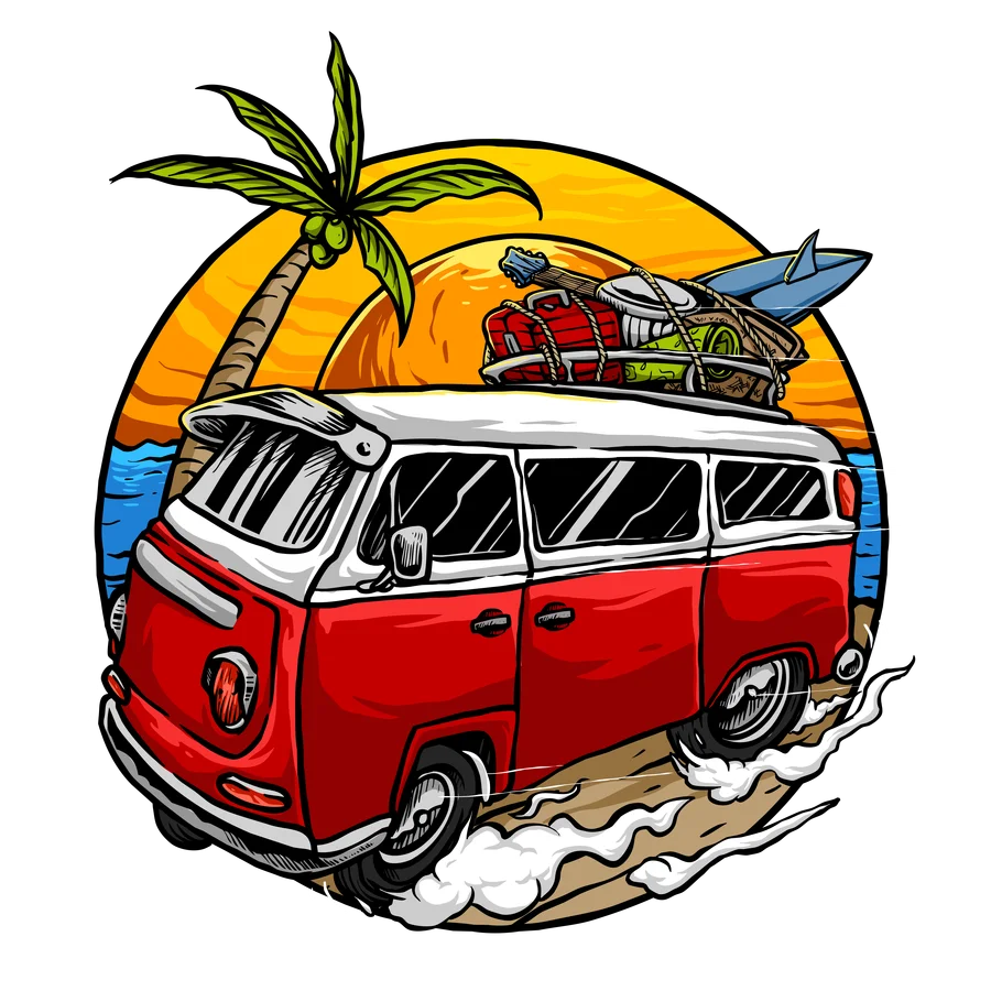 Kombi na Praia com Pôr do Sol PNG transparente