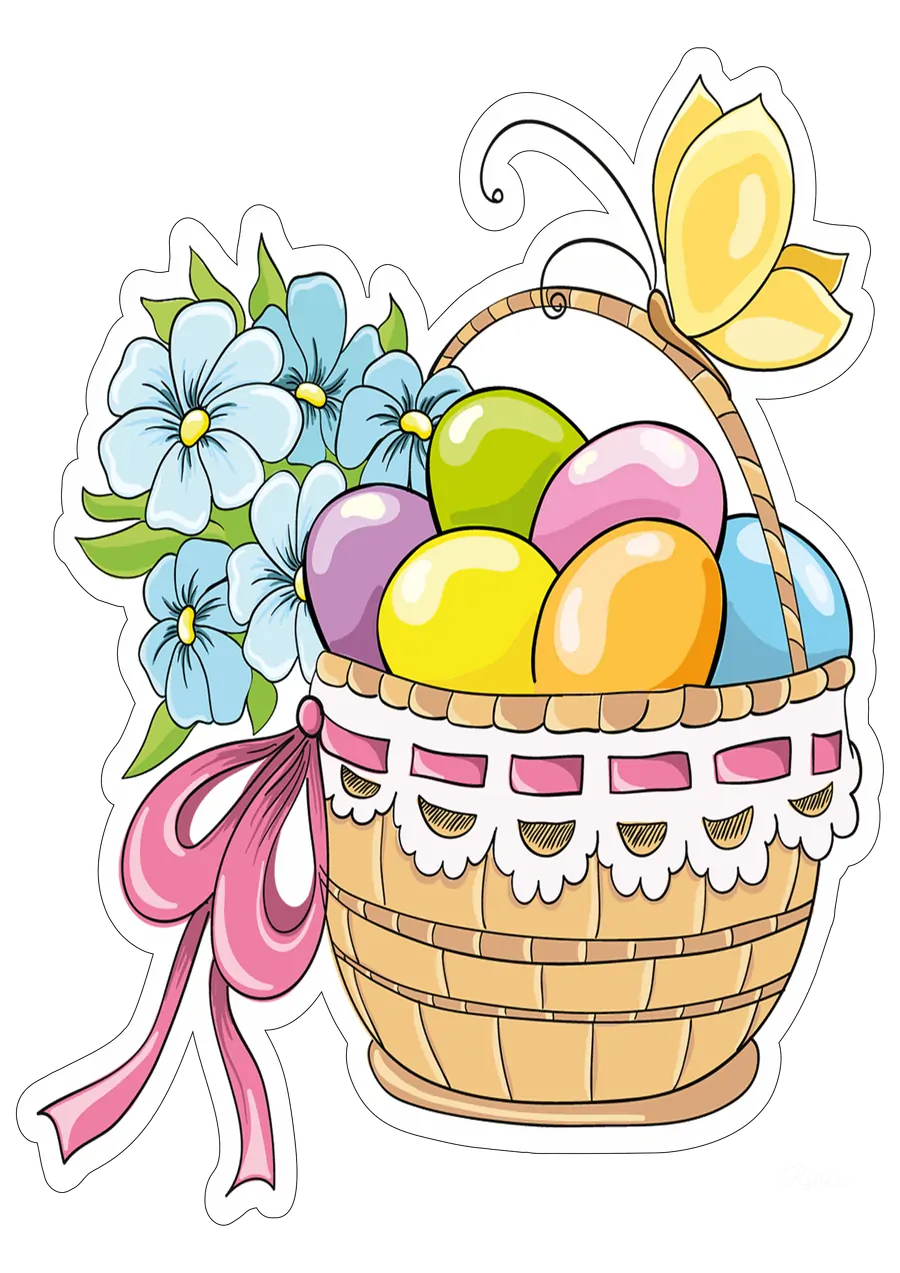Cesta de Páscoa com Flores e Borboleta PNG transparente