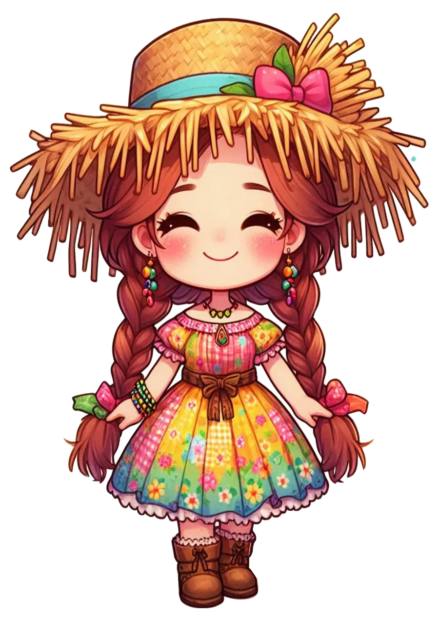 Menina Caipira Sorridente com Chapéu de Palha PNG transparente