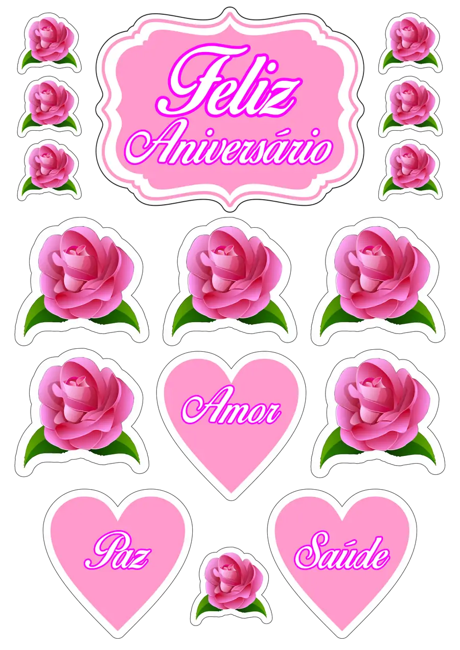 Topo de Bolo Feliz Aniversário com Rosas PNG transparente
