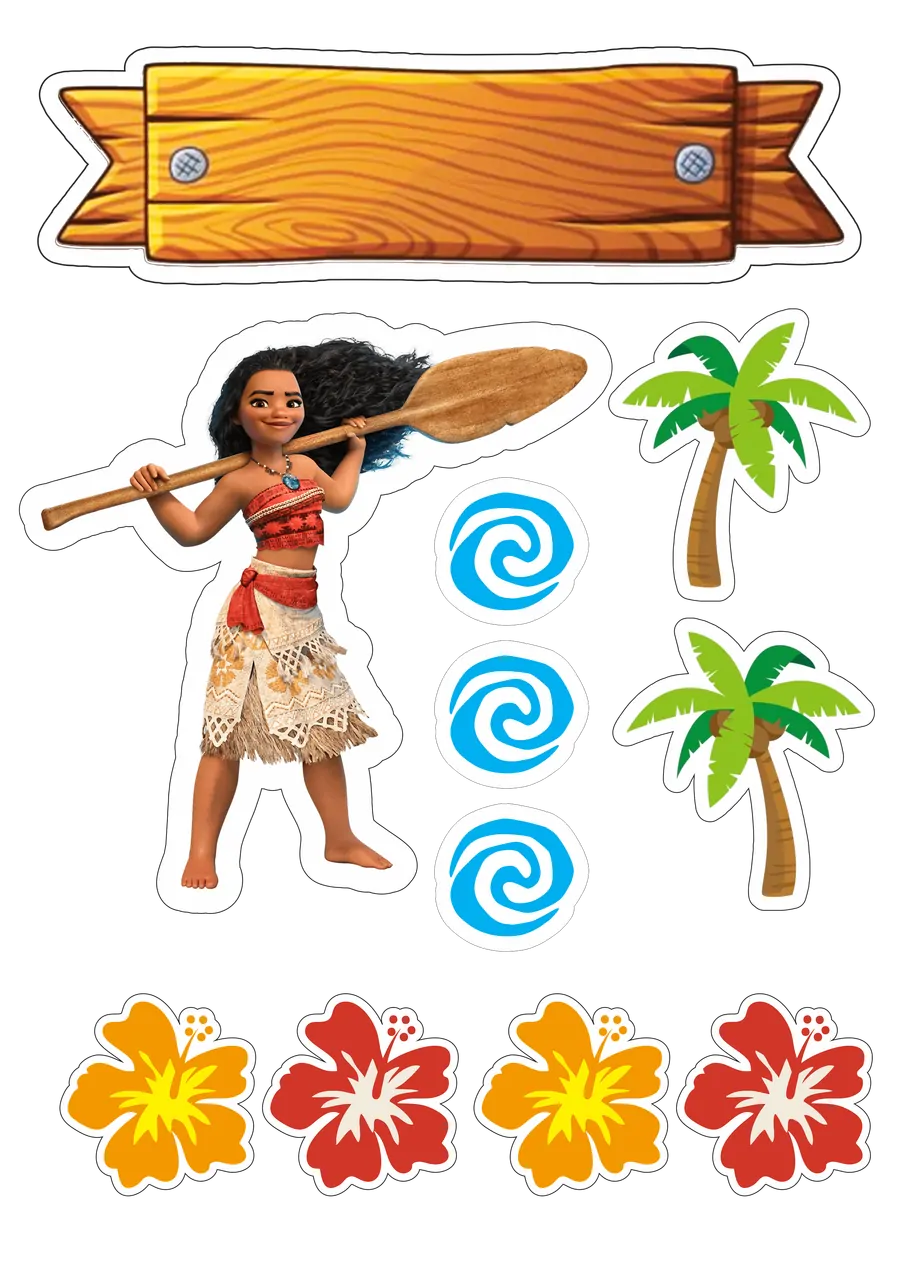 Kit Topo de Bolo Moana e Elementos PNG transparente