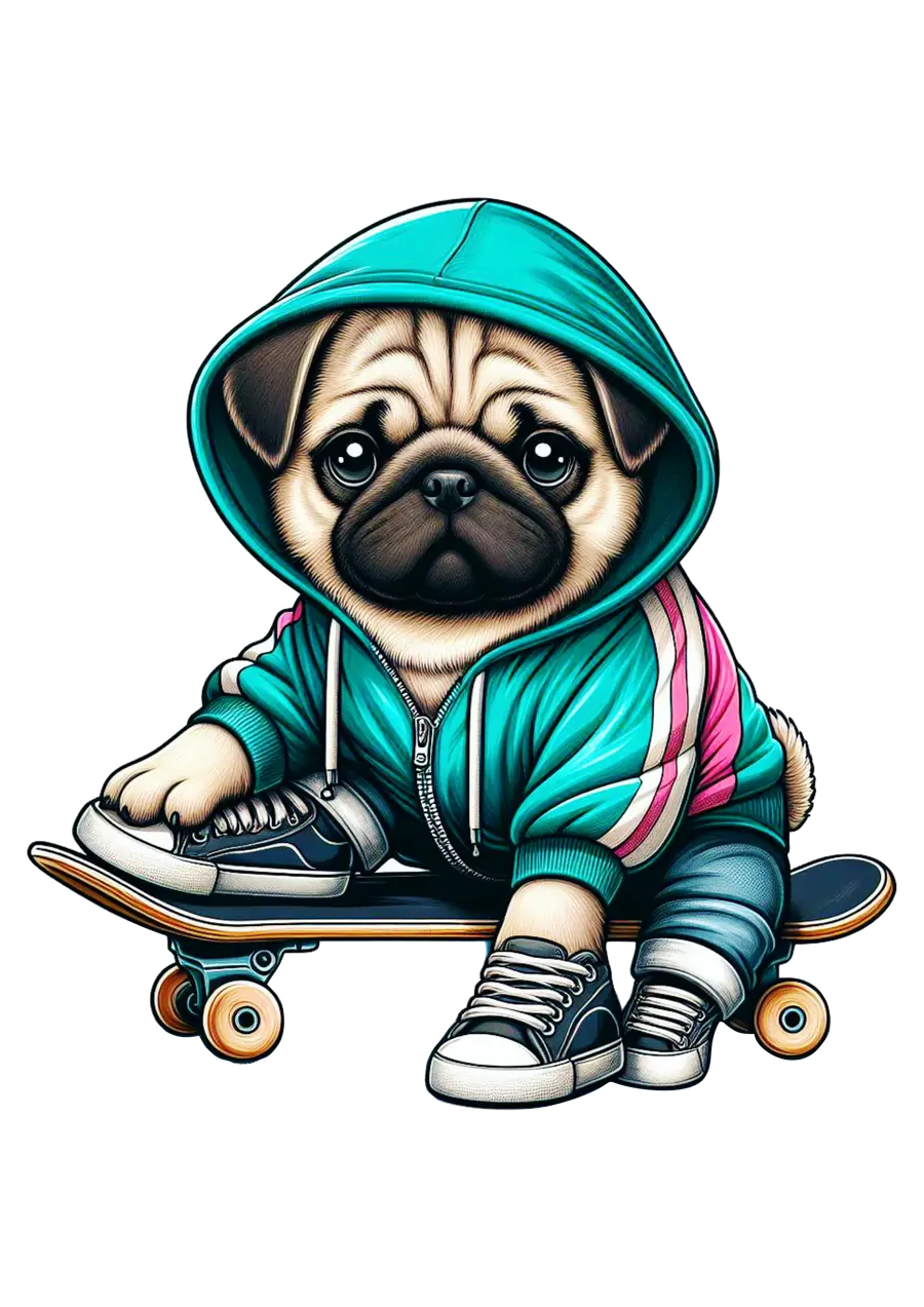 Cachorro Pug de Skate e Jaqueta PNG transparente