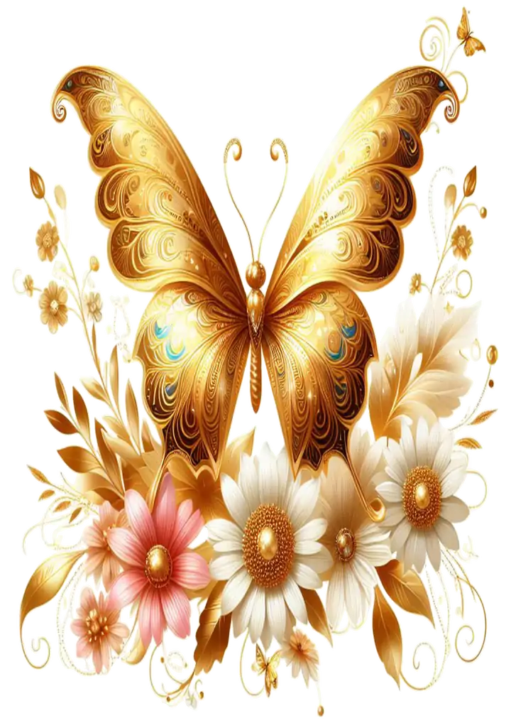 Borboleta Dourada com Flores Brancas PNG transparente
