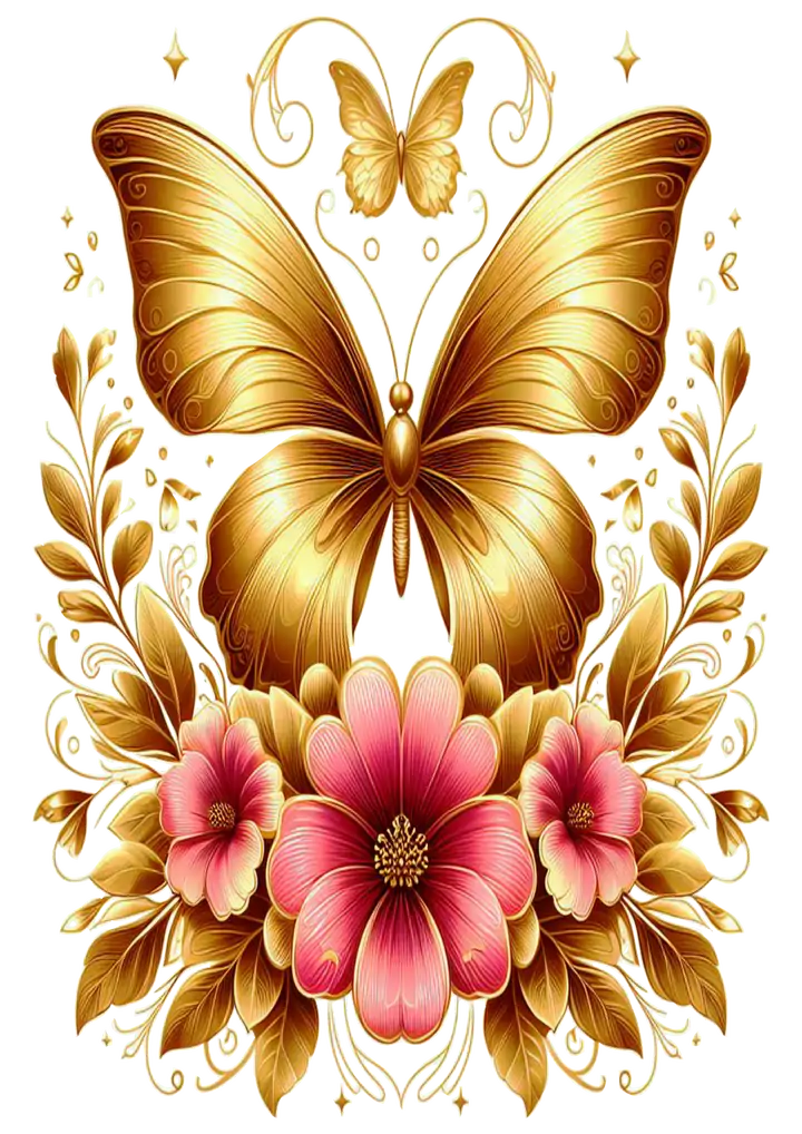 Borboleta Dourada com Flores Rosas PNG transparente