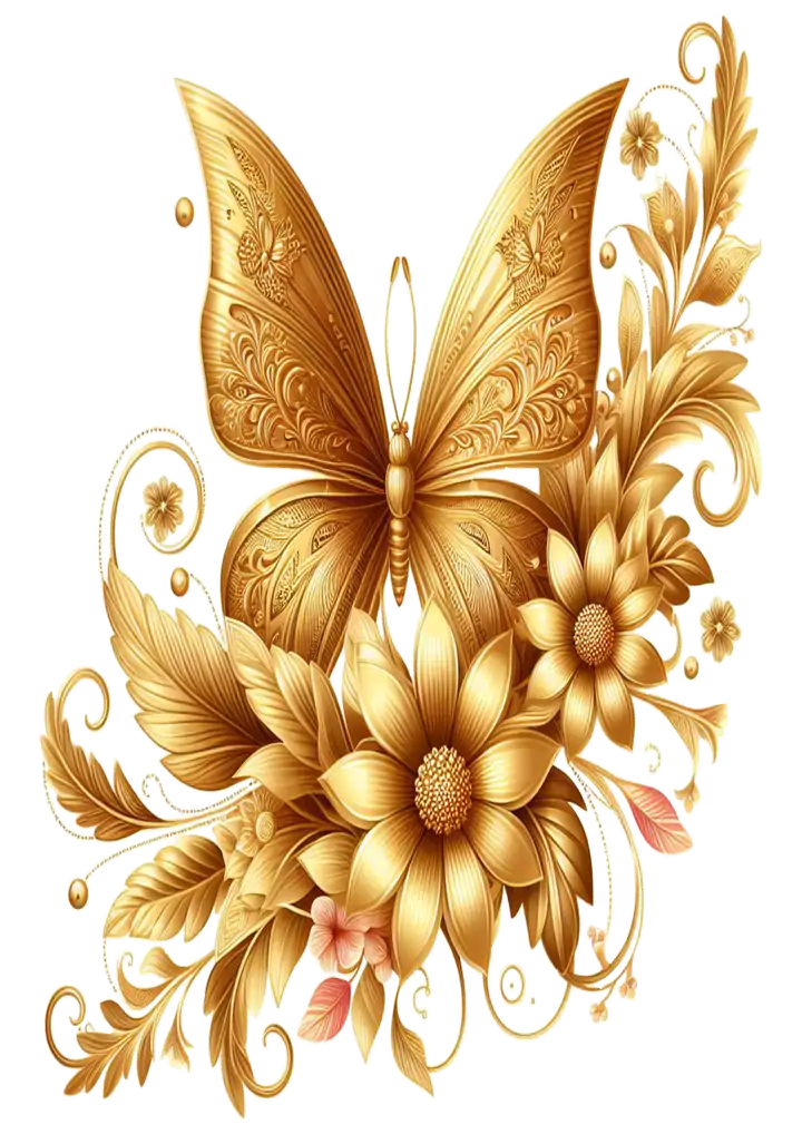 Borboleta e Flores Douradas Luxo PNG transparente