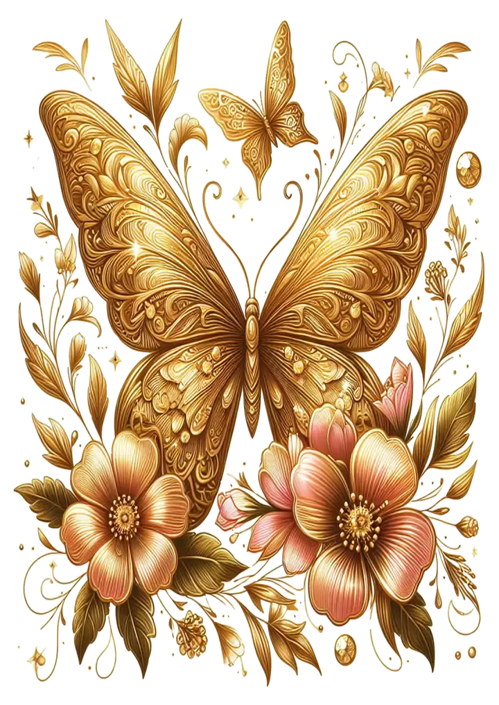 Borboleta Dourada com Flores Decorativas PNG transparente