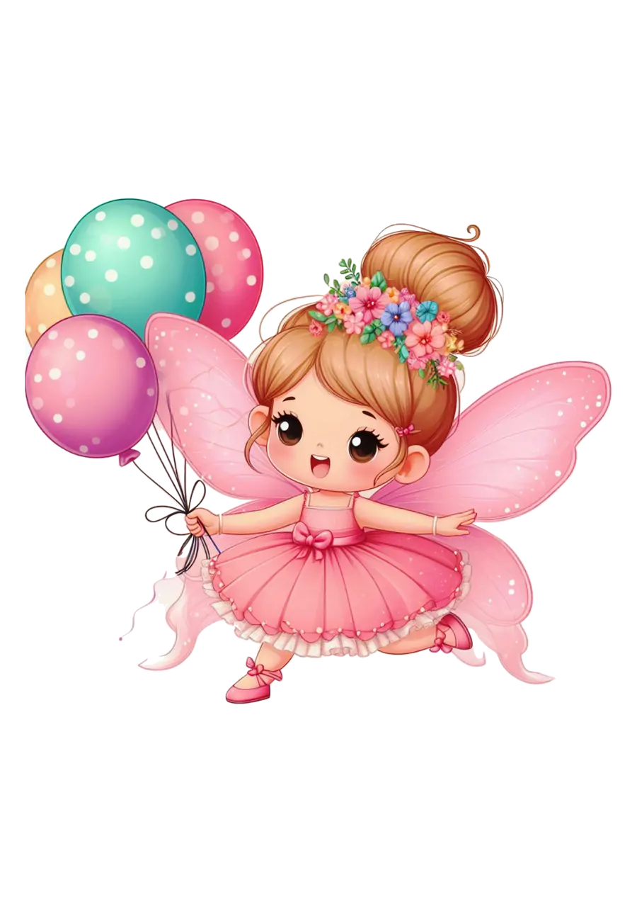 Fadinha Fofa Voando Balões PNG transparente