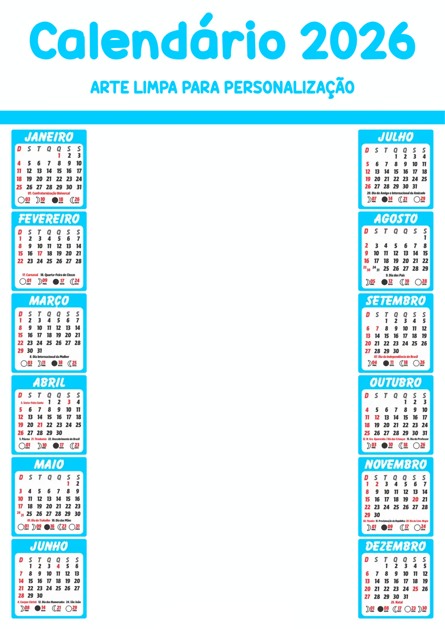 Calendário 2026 Azul para Personalizar PNG transparente