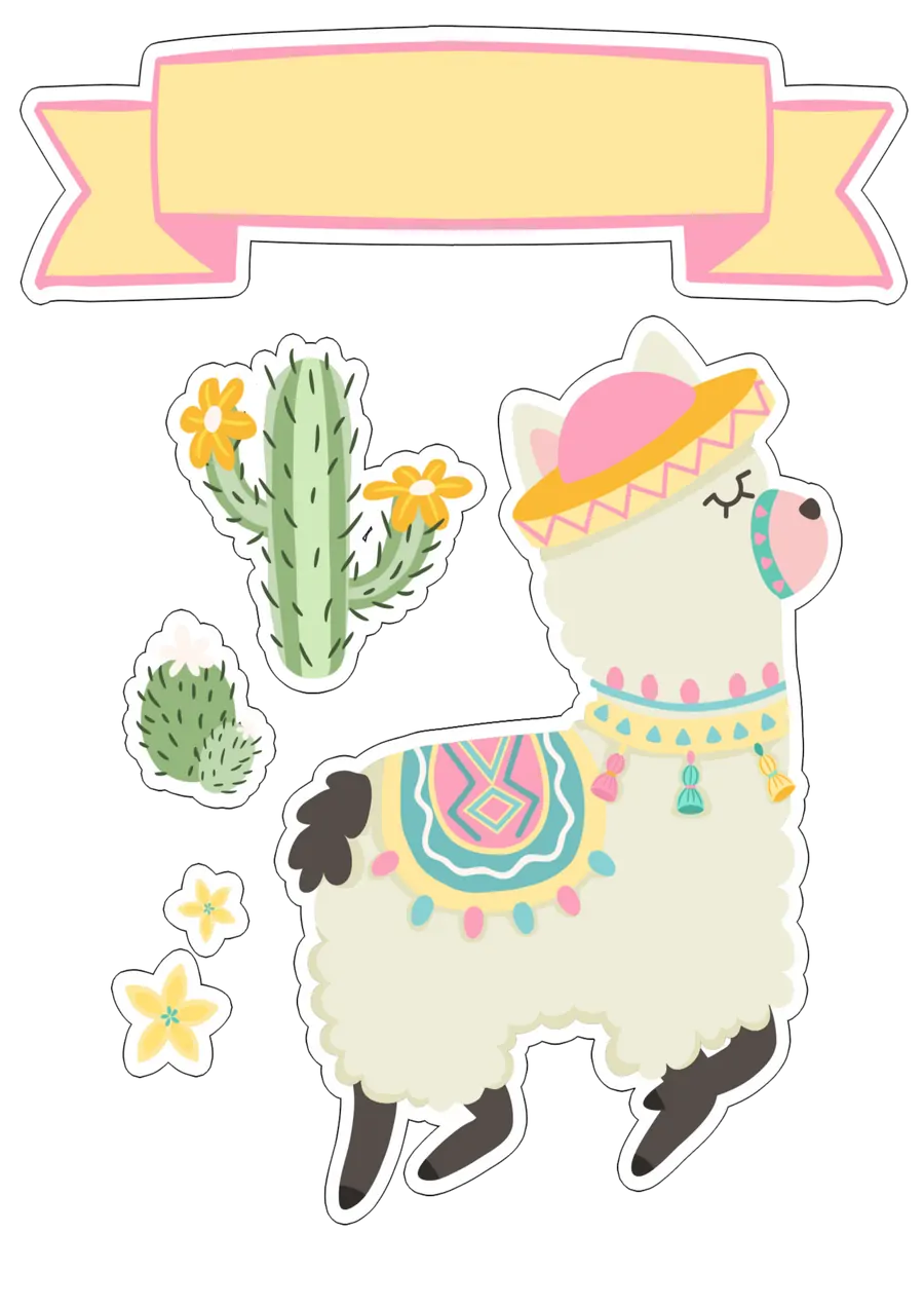 Lhama Fofa com Chapéu Mexicano e Cactos PNG transparente