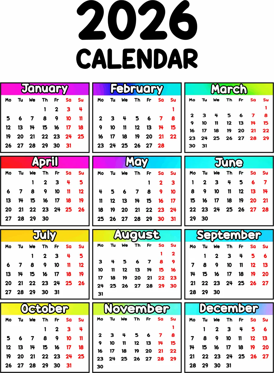 Calendário 2026 Colorido Cores do Arco-íris PNG transparente