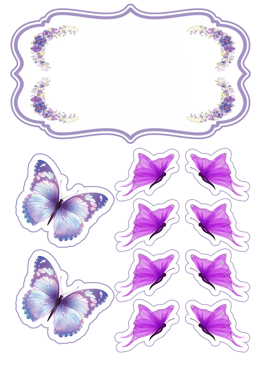 Topo de Bolo Borboletas e Flores Roxas PNG transparente