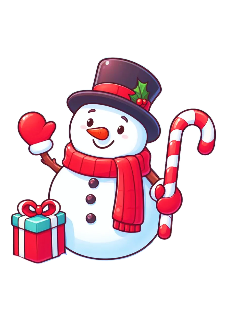 Boneco de Neve com Presente e Bengala Doce PNG transparente