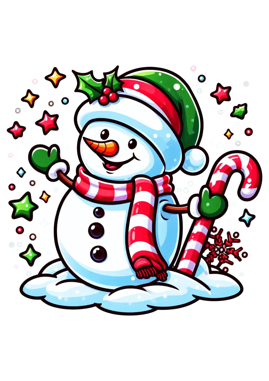 Boneco de Neve com Estrelas e Bengala Doce PNG transparente