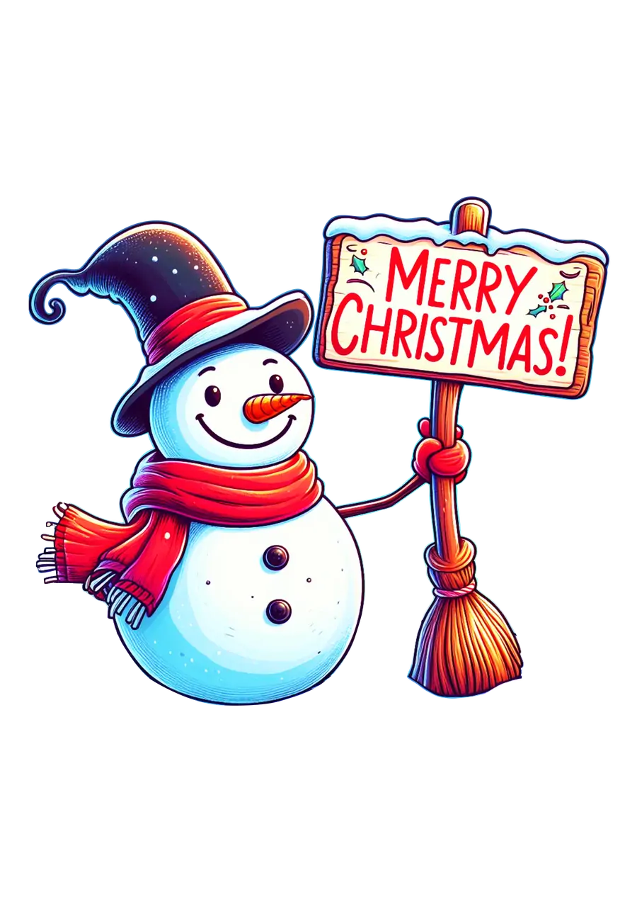 Boneco de Neve com Placa e Vassoura PNG transparente