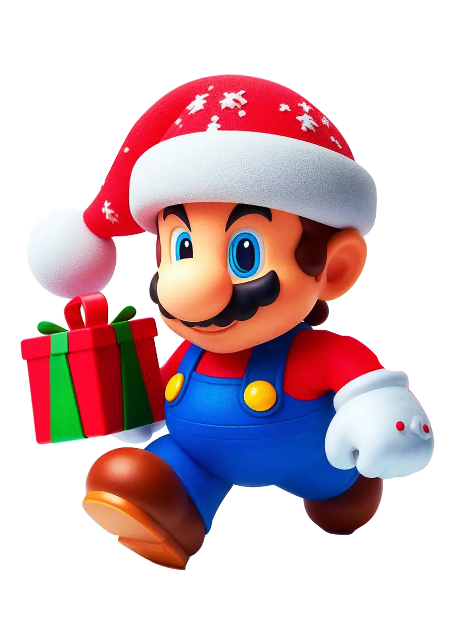 Mario Bros com Gorro de Natal e Presente PNG transparente