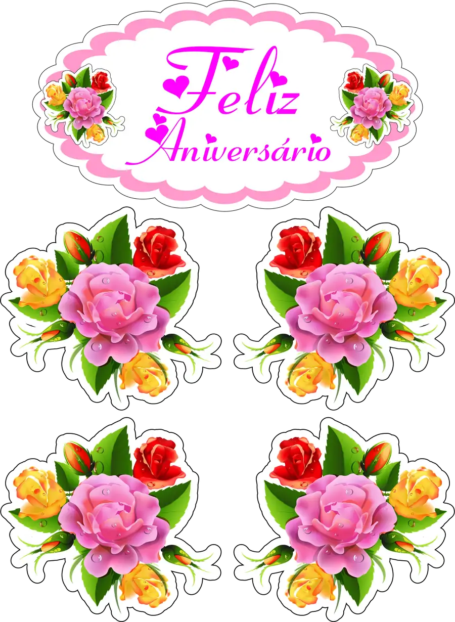 Topo de Bolo com Flores e Feliz Aniversário PNG transparente