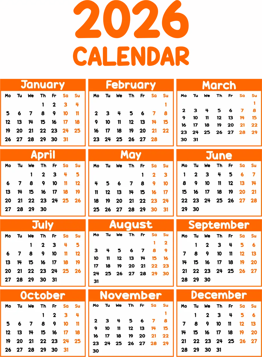 Calendario 2026 Laranja PNG transparente