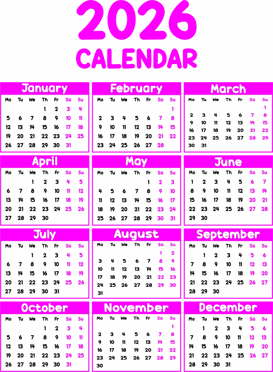 Calendario 2026 Rosa PNG transparente