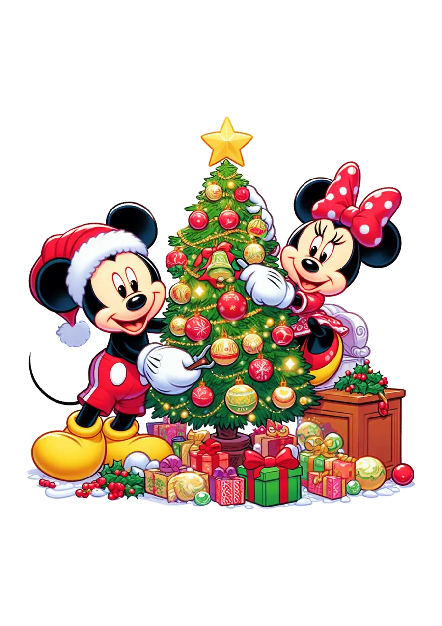 Mickey e Minnie Enfeitando Arvore de Natal PNG transparente