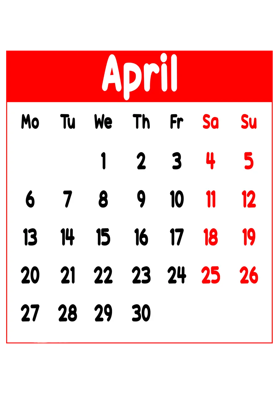 Calendario de Abril de 2026 PNG transparente