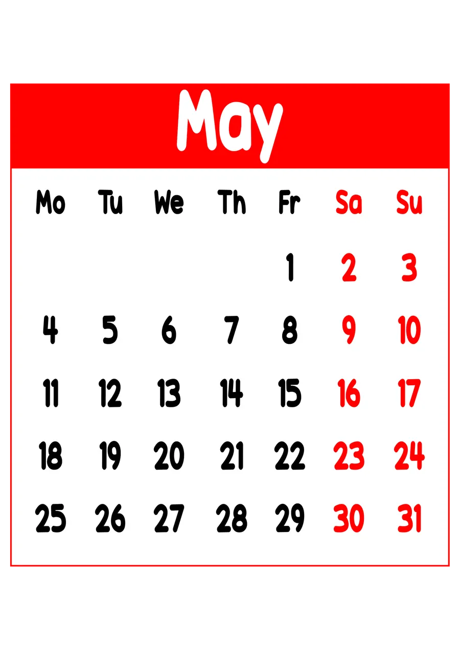 Calendario de Maio de 2026 PNG transparente