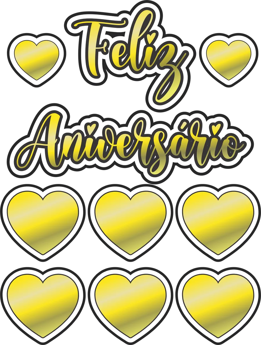 Topo de Bolo Feliz Aniversário Corações Dourados PNG transparente
