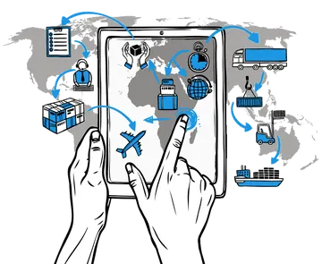 Mãos com Tablet e Mapa Logístico PNG