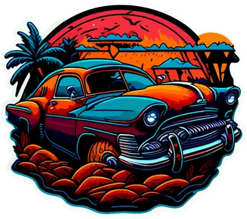Carro Vintage com Palmeiras e Pôr do Sol PNG