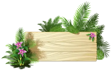 Placa de Madeira com Folhagem Tropical PNG