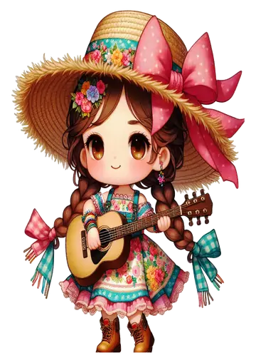 Menina Caipira Chibi Tocando Violão PNG