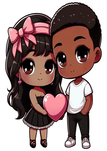 Casal Chibi Fofo Segurando Coração Rosa PNG