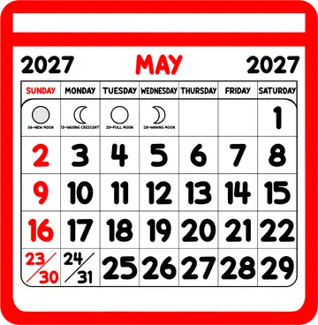 Calendário de Maio 2027 Vermelho PNG