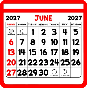 Calendário de Junho 2027 Vermelho PNG