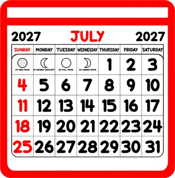 Calendário de Julho 2027 Vermelho PNG