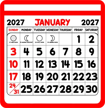 Calendário de Janeiro 2027 Vermelho PNG