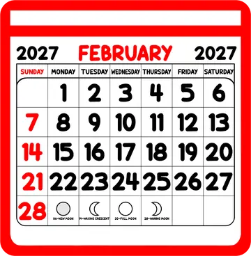 Calendário de Fevereiro 2027 Vermelho PNG