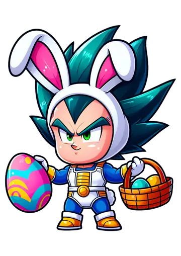 Vegeta Criança com Orelhas de Coelhinho e Cesta de Páscoa PNG