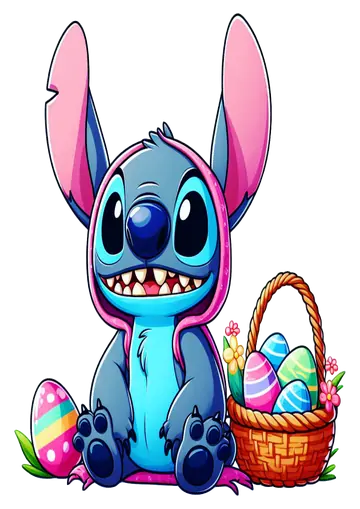 Stitch Coelhinho com Ovos e Cesta PNG