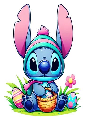 Stitch com Cesta e Ovos de Páscoa na Grama PNG