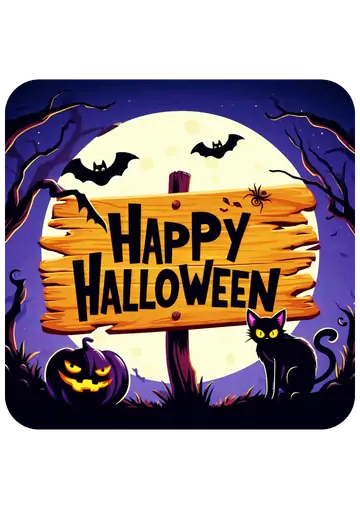 Placa Happy Halloween com Gato Preto e Lua PNG