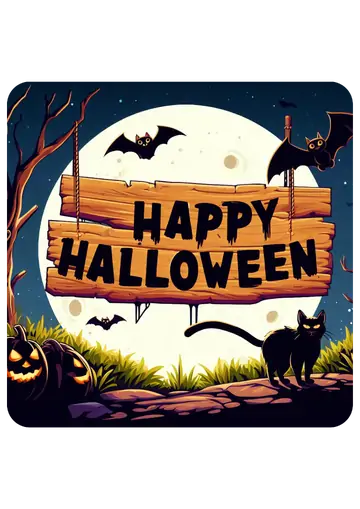 Placa de Halloween Suspensa com Gato e Lua PNG