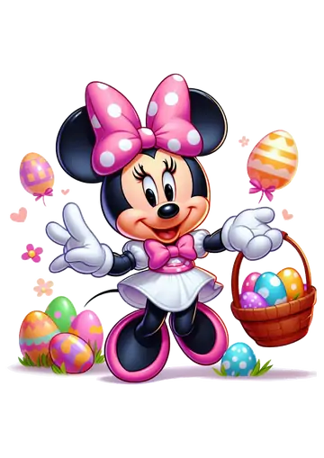 Minnie Mouse com Cesta e Ovos de Páscoa Flutuantes PNG